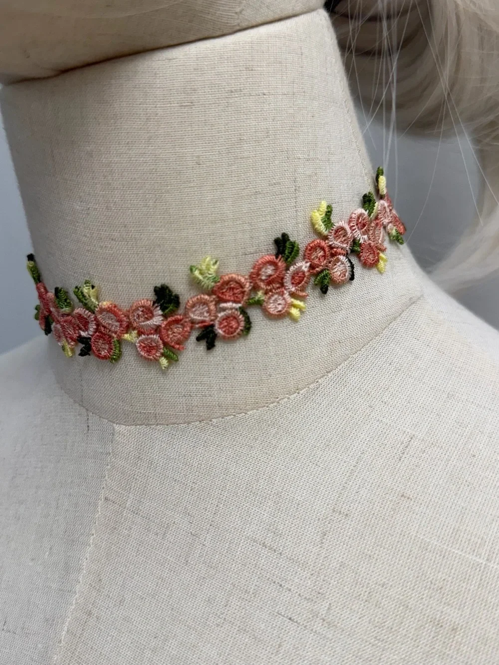Pink Floral Lace Choker Necklace Embroidered Flowers Cottagecore Coquette